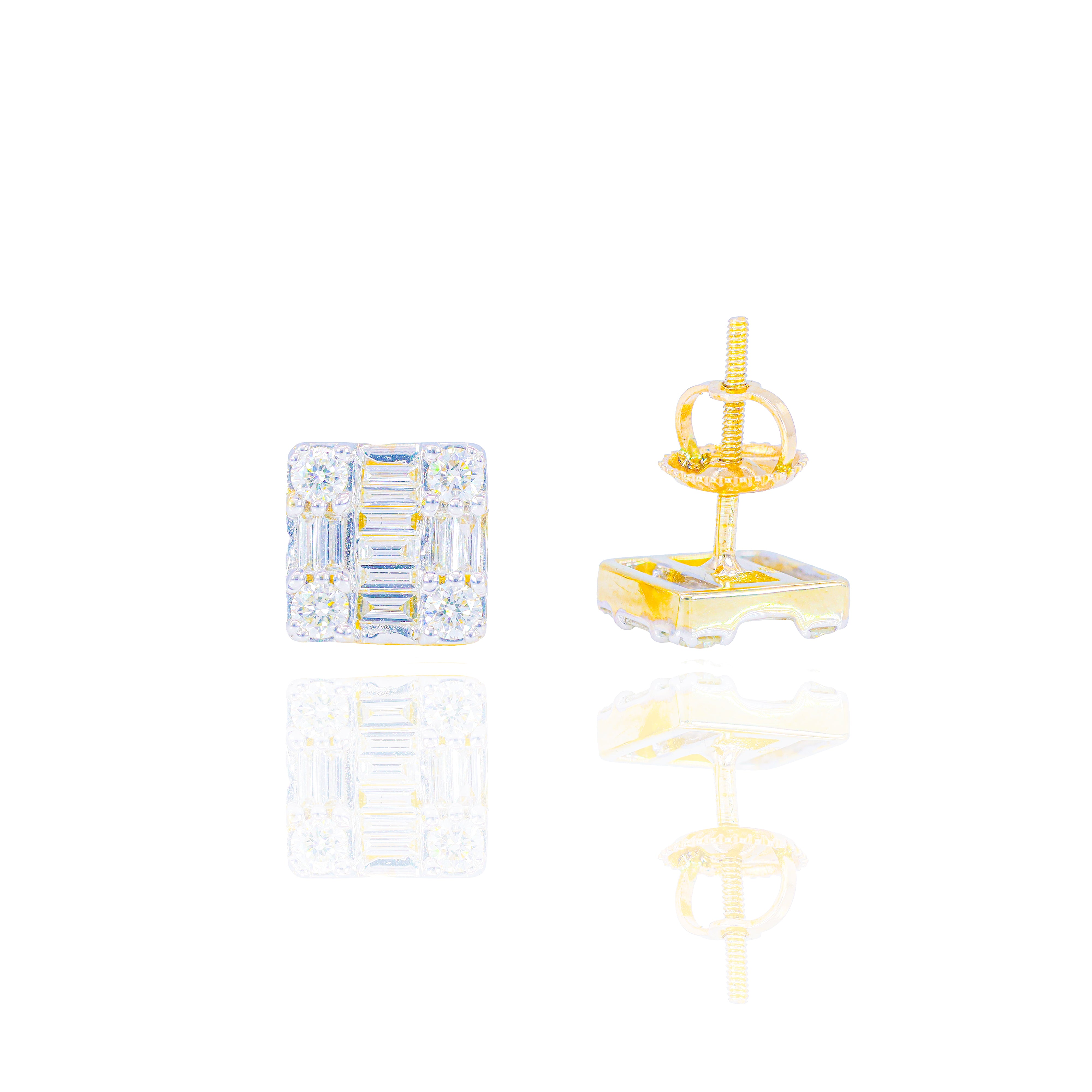 Square Baguette and Round Diamond Cluster Earrings