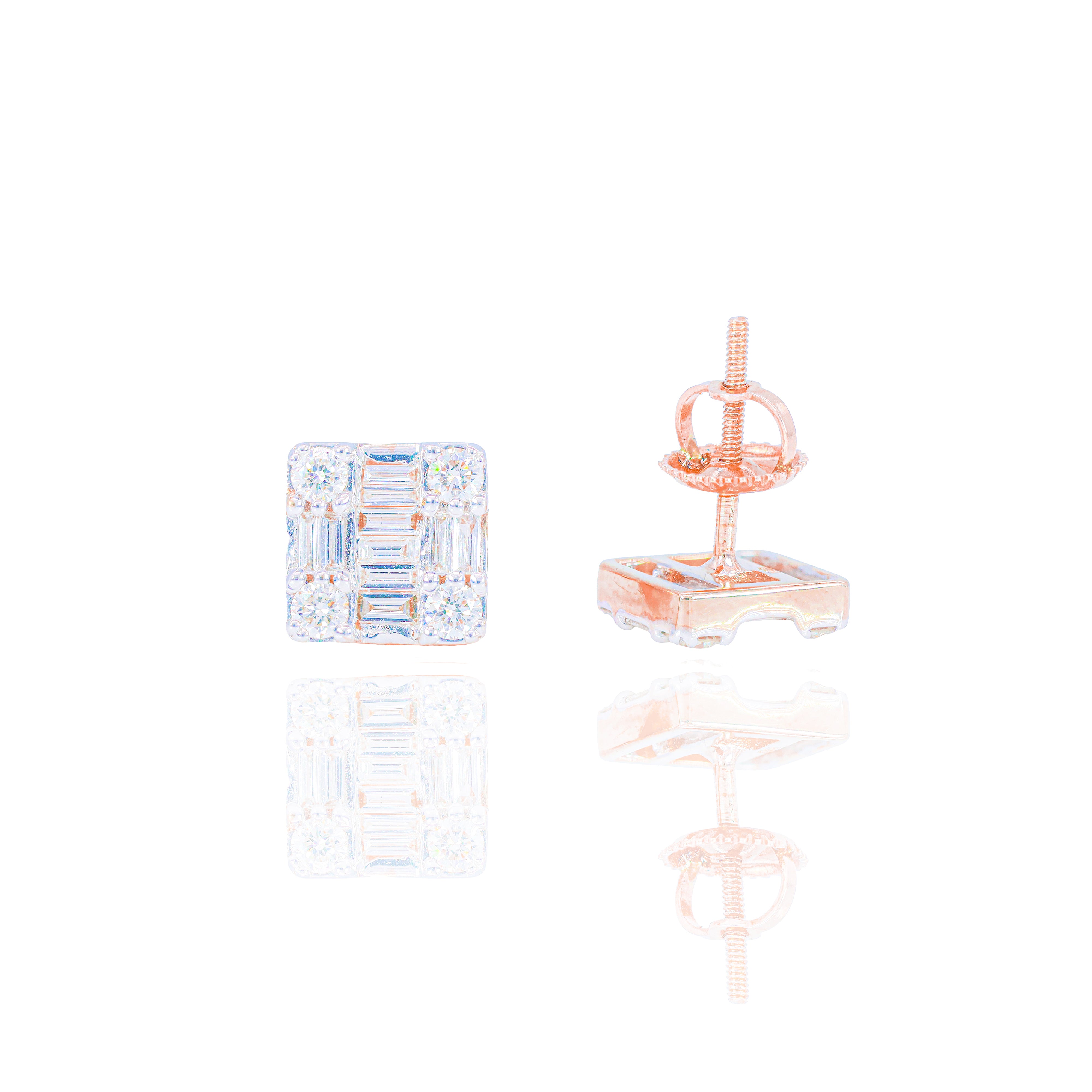 Square Baguette and Round Diamond Cluster Earrings