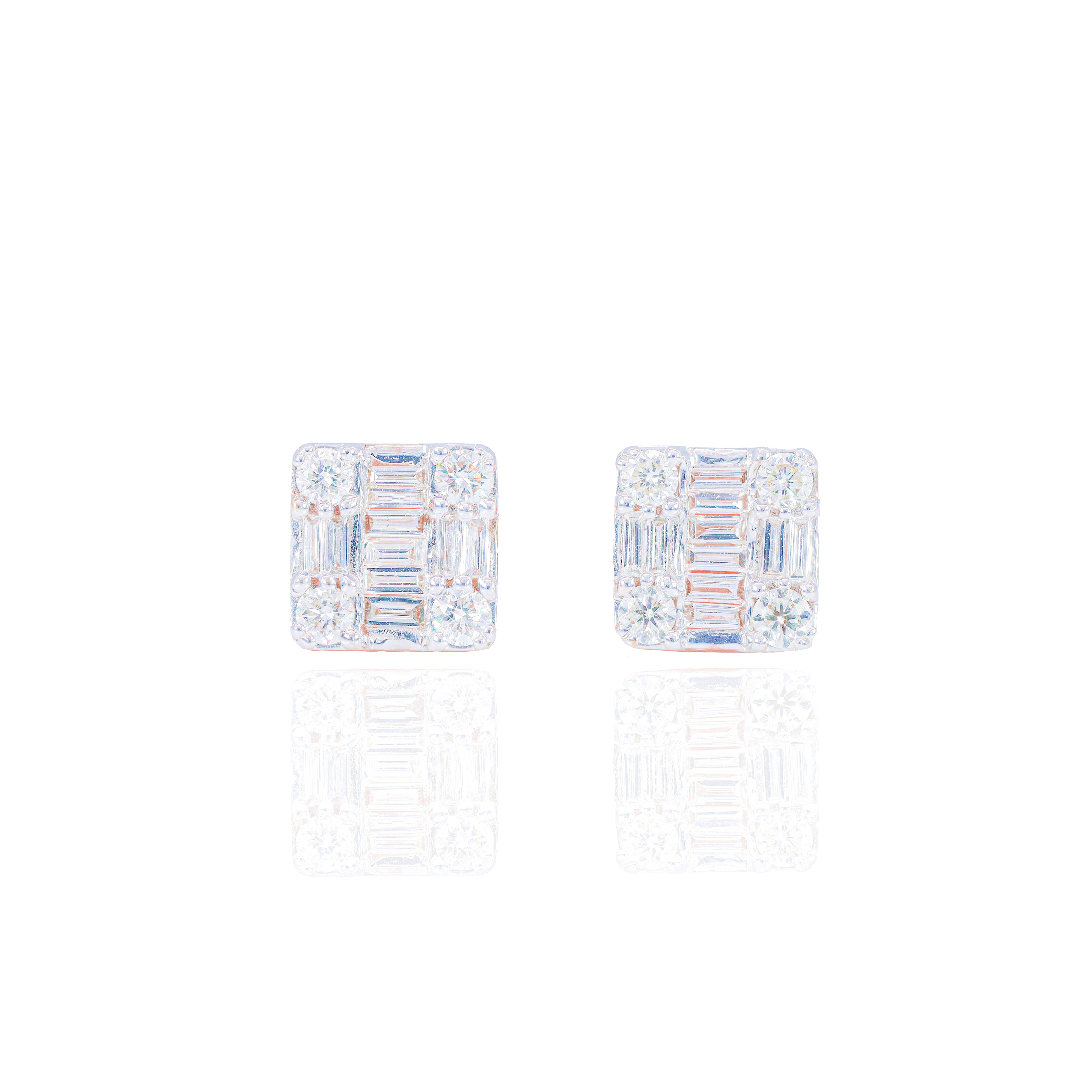 Square Baguette and Round Diamond Cluster Earrings