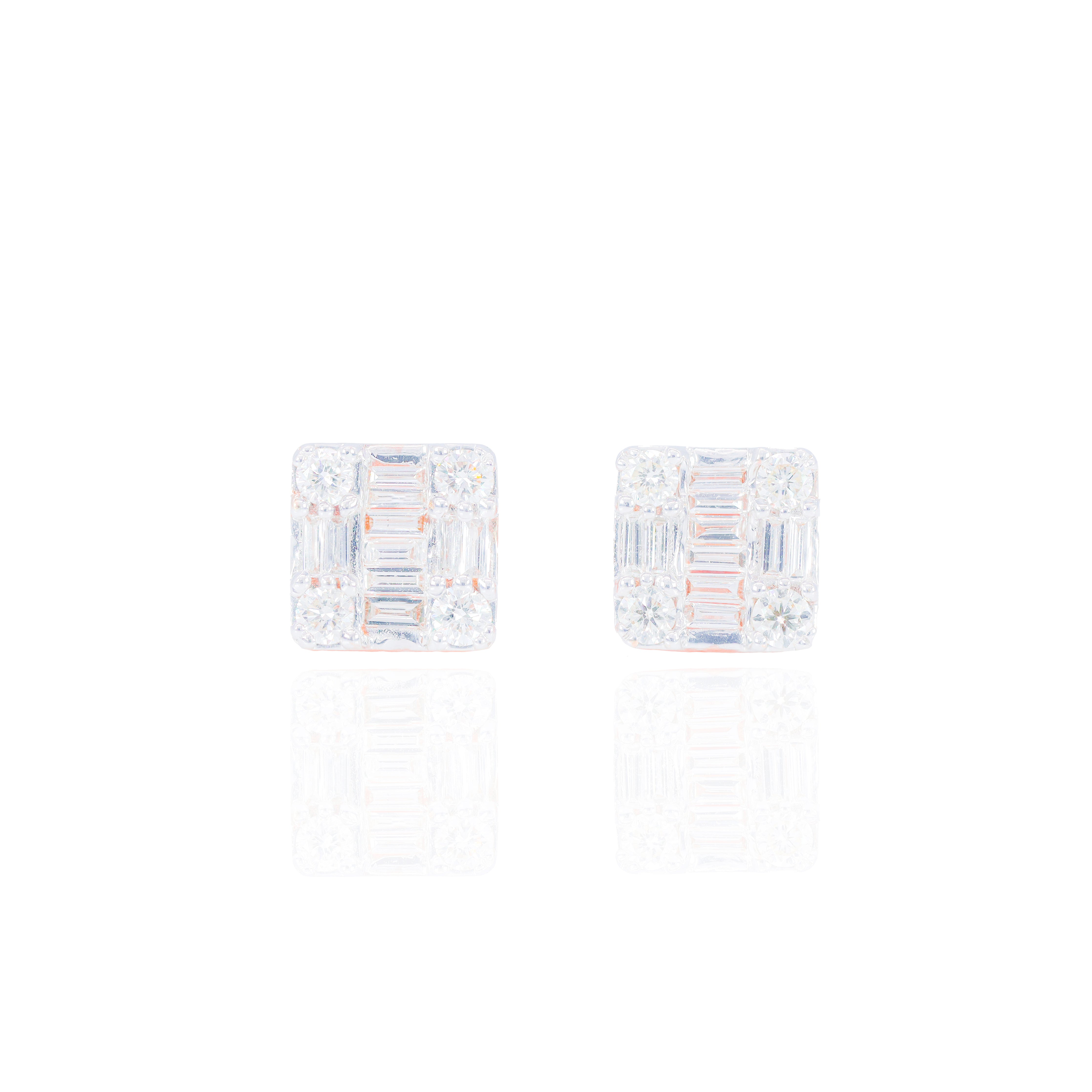 Square Baguette and Round Diamond Cluster Earrings