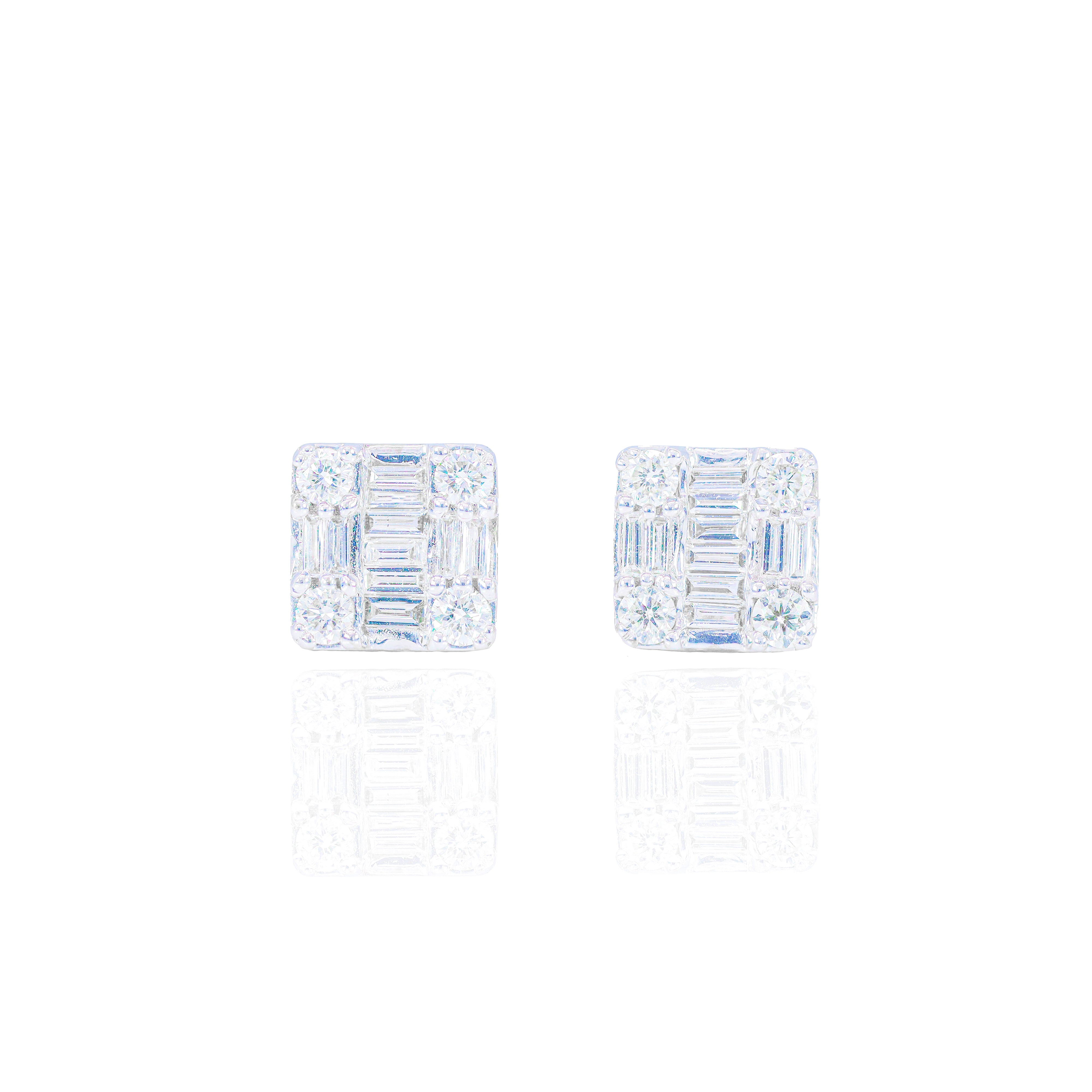 Square Baguette and Round Diamond Cluster Earrings