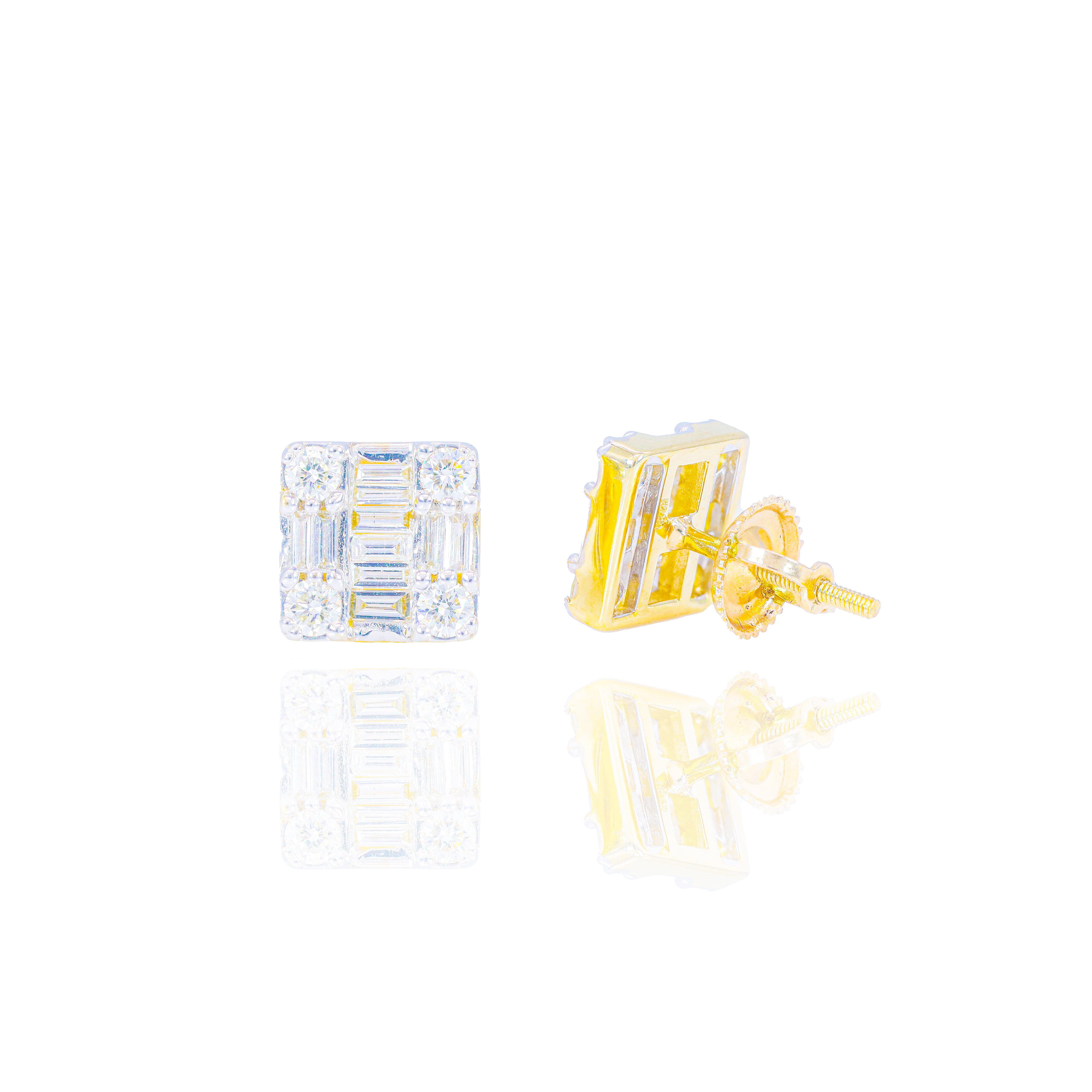 Square Baguette and Round Diamond Cluster Earrings