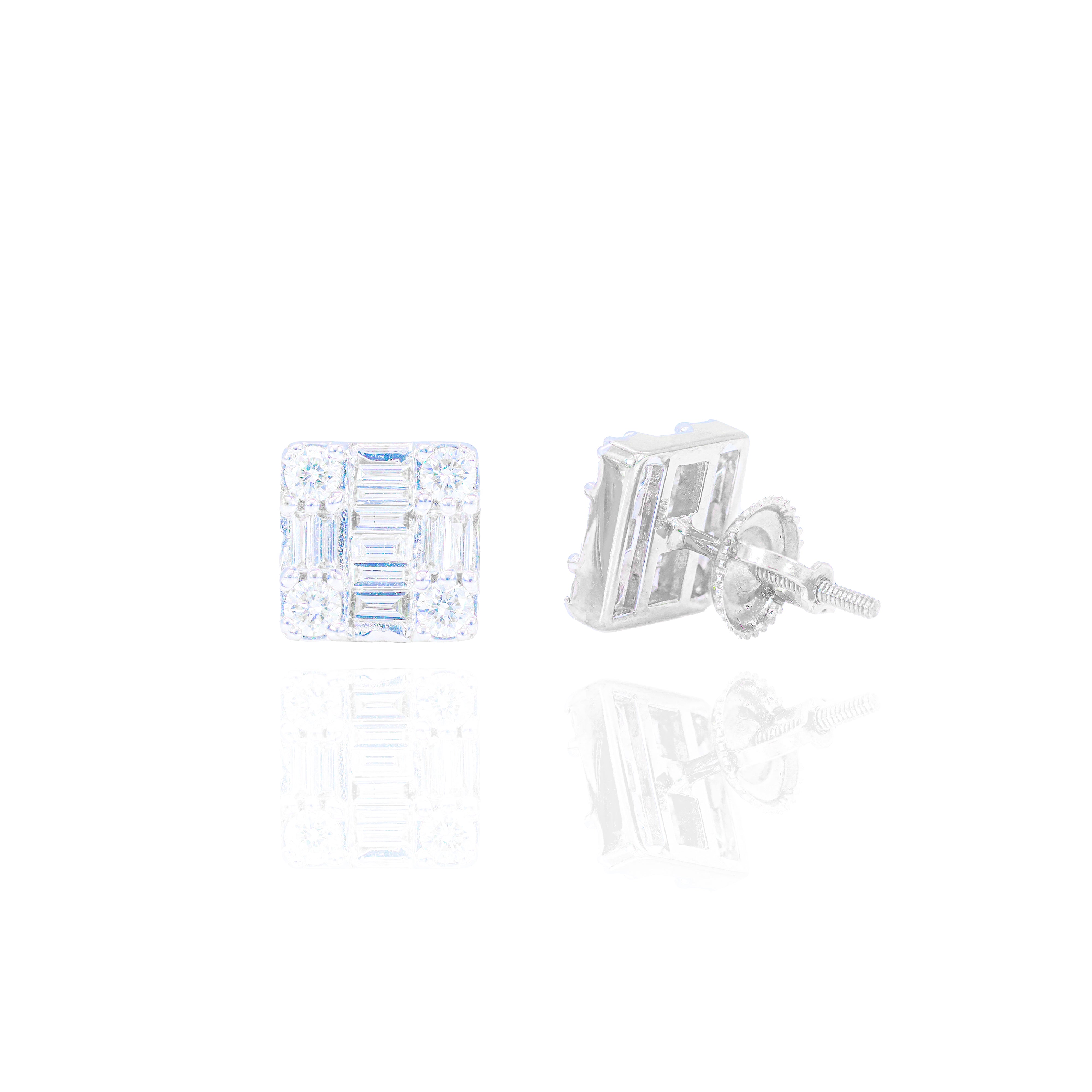 Square Baguette and Round Diamond Cluster Earrings