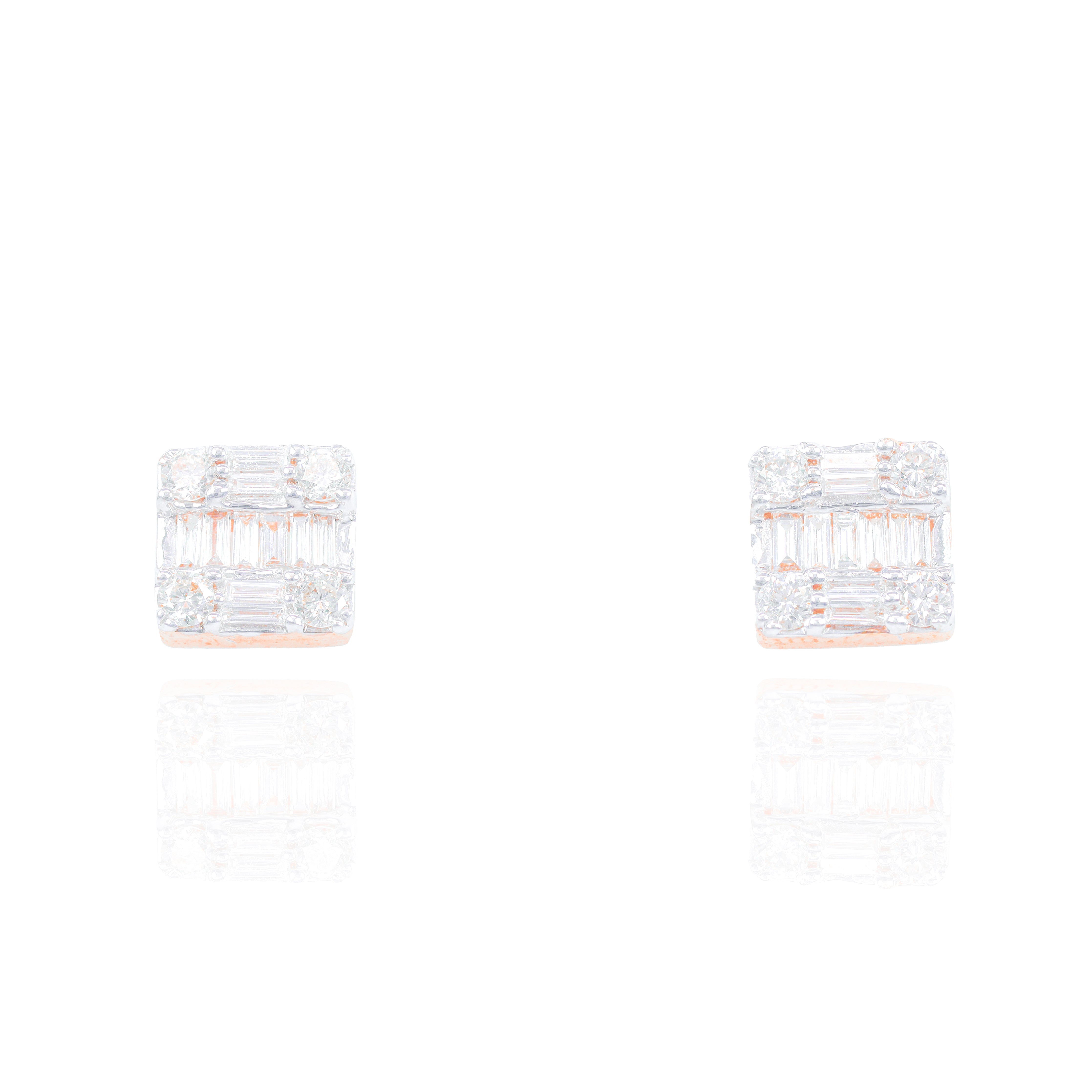 Square Baguette and Round Diamond Cluster Earrings