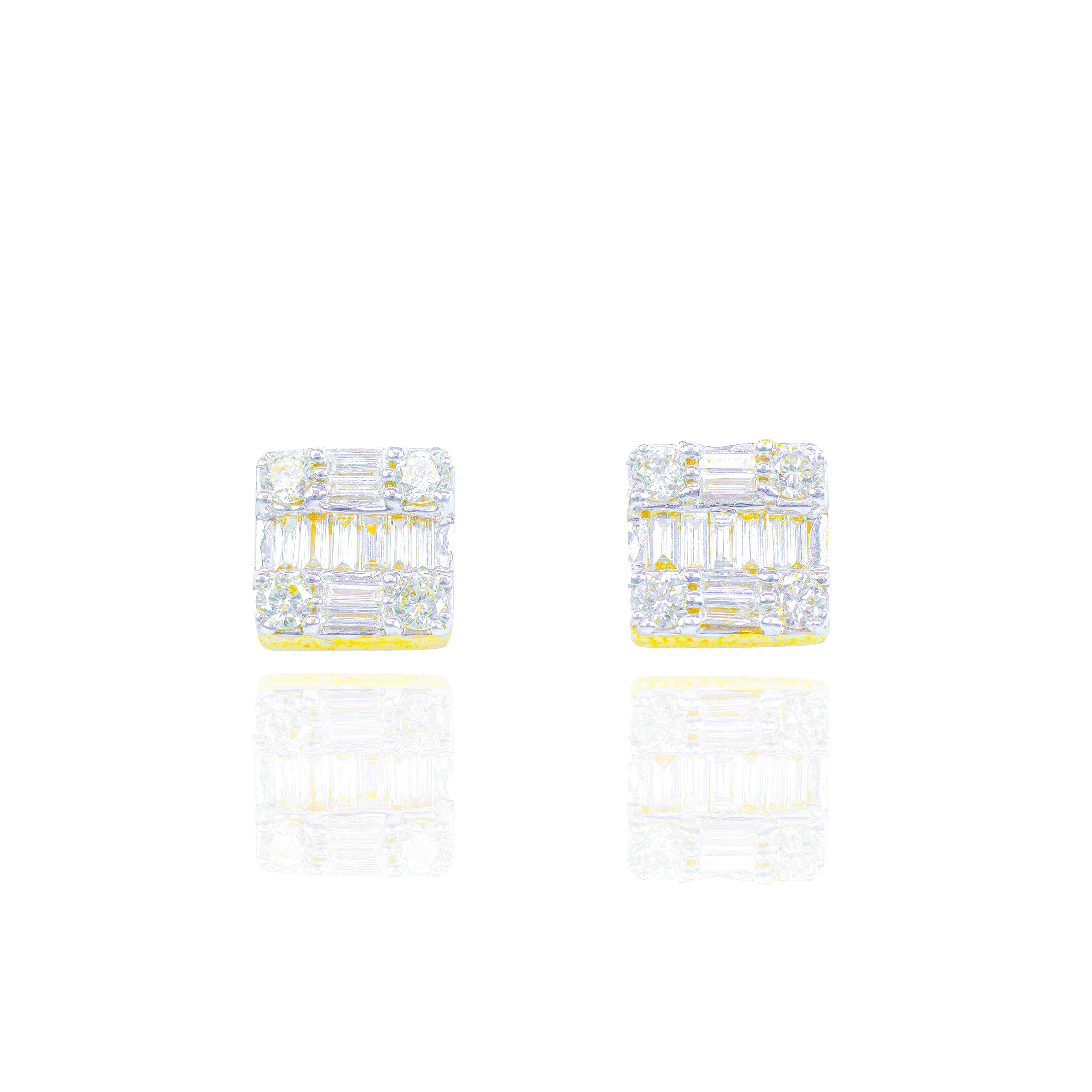 Square Baguette and Round Diamond Cluster Earrings