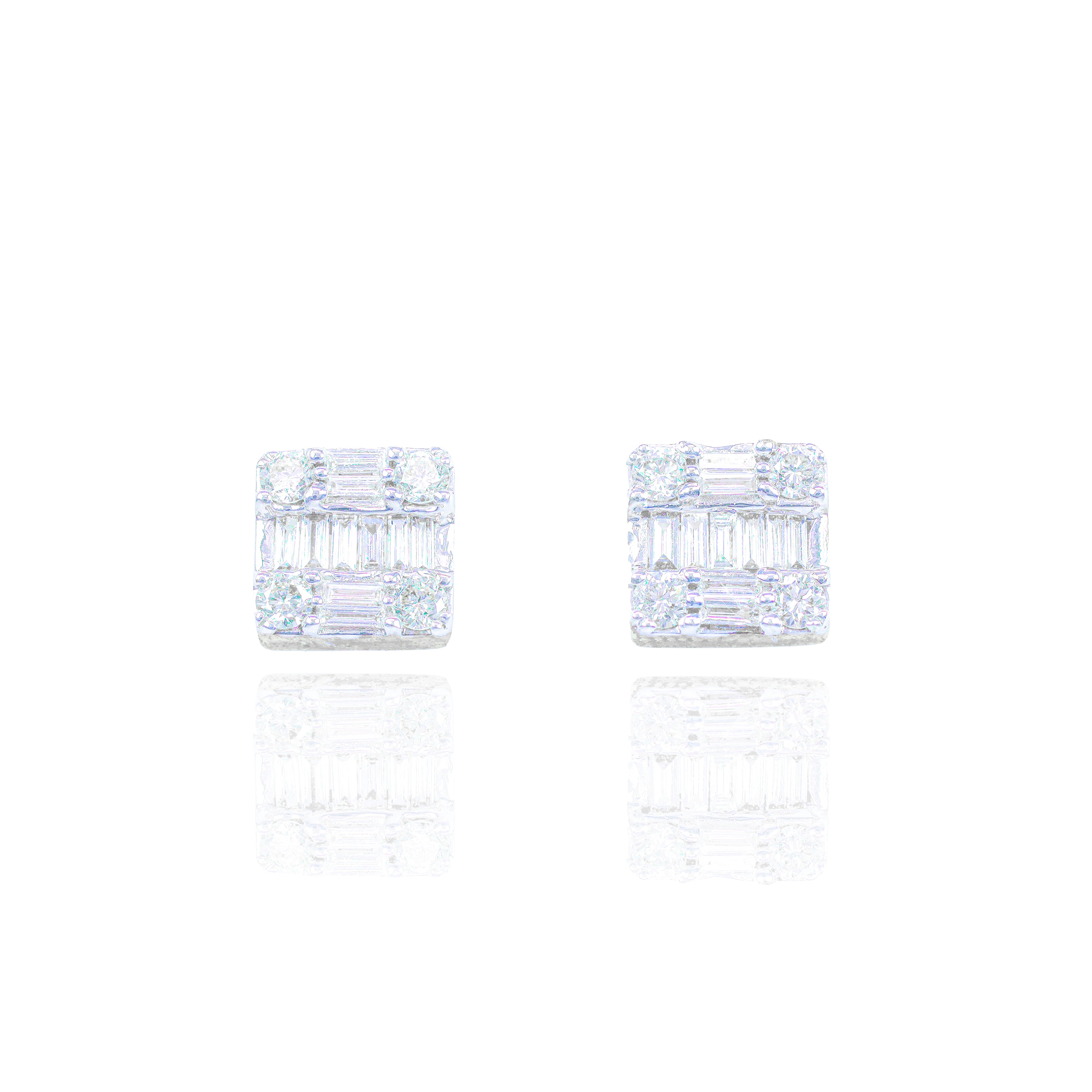 Square Baguette and Round Diamond Cluster Earrings