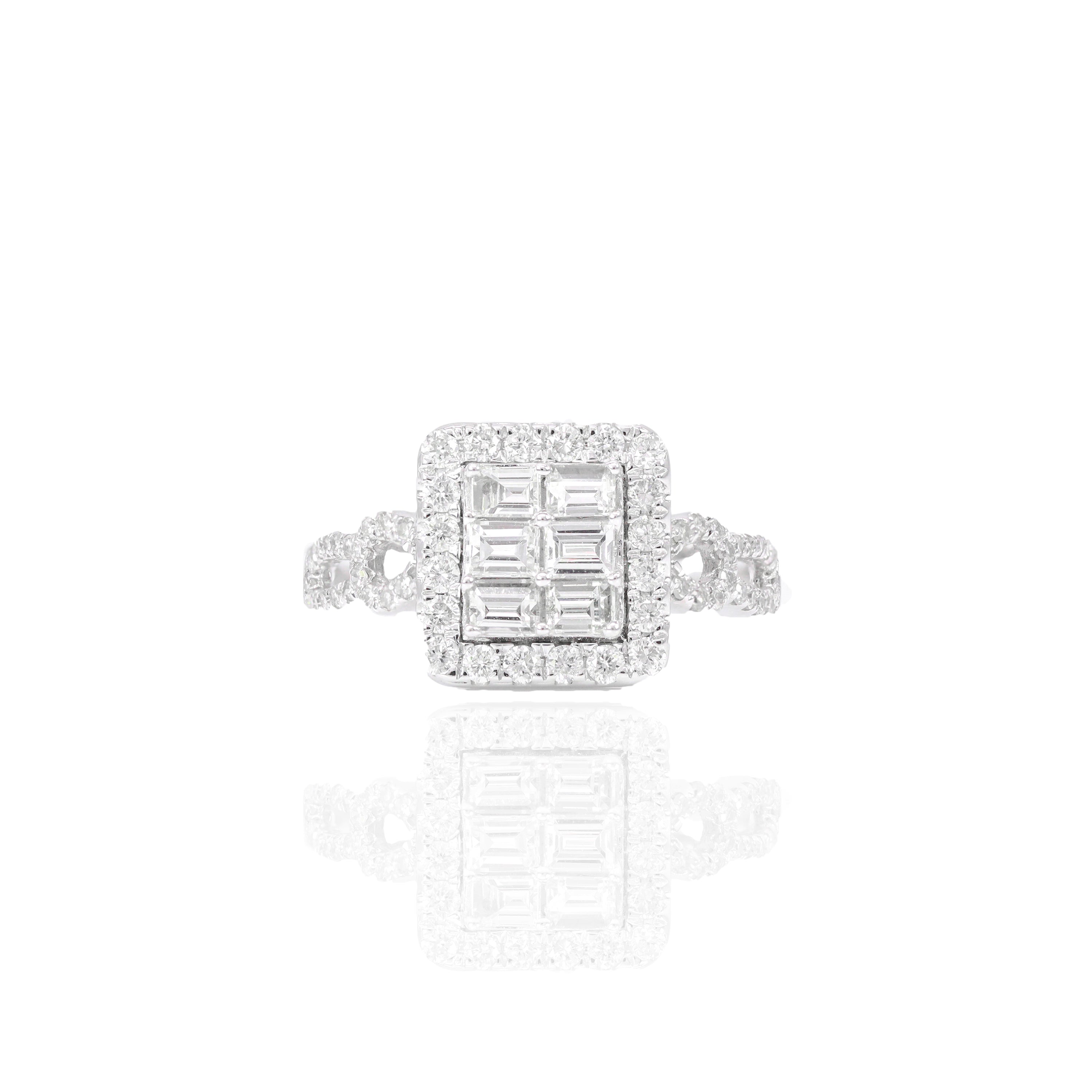 Straight Baguette with Halo Diamond Engagement Ring & Band