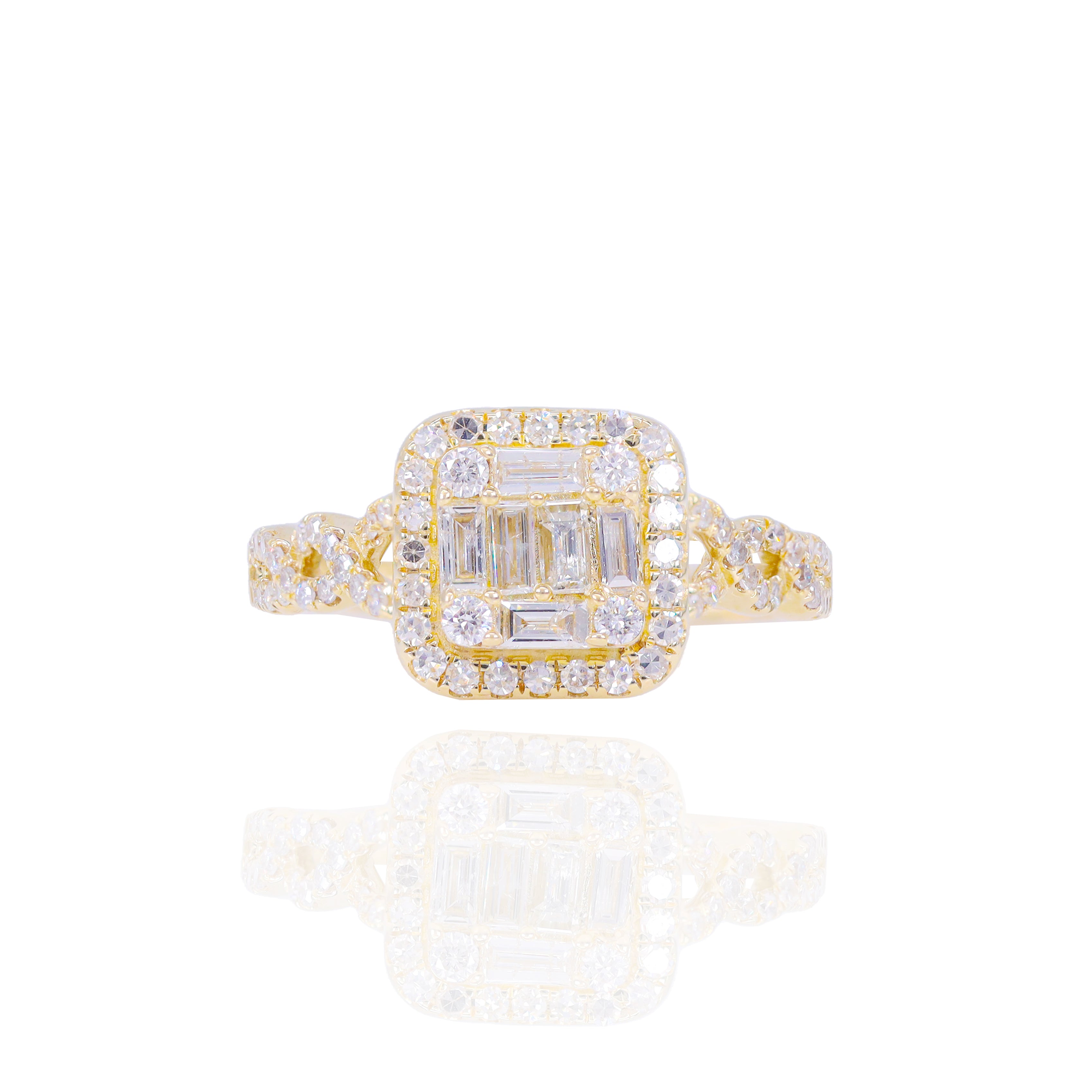 Princess Shaped Diamond Engagement Ring with Halo and Woven Shank & Band
