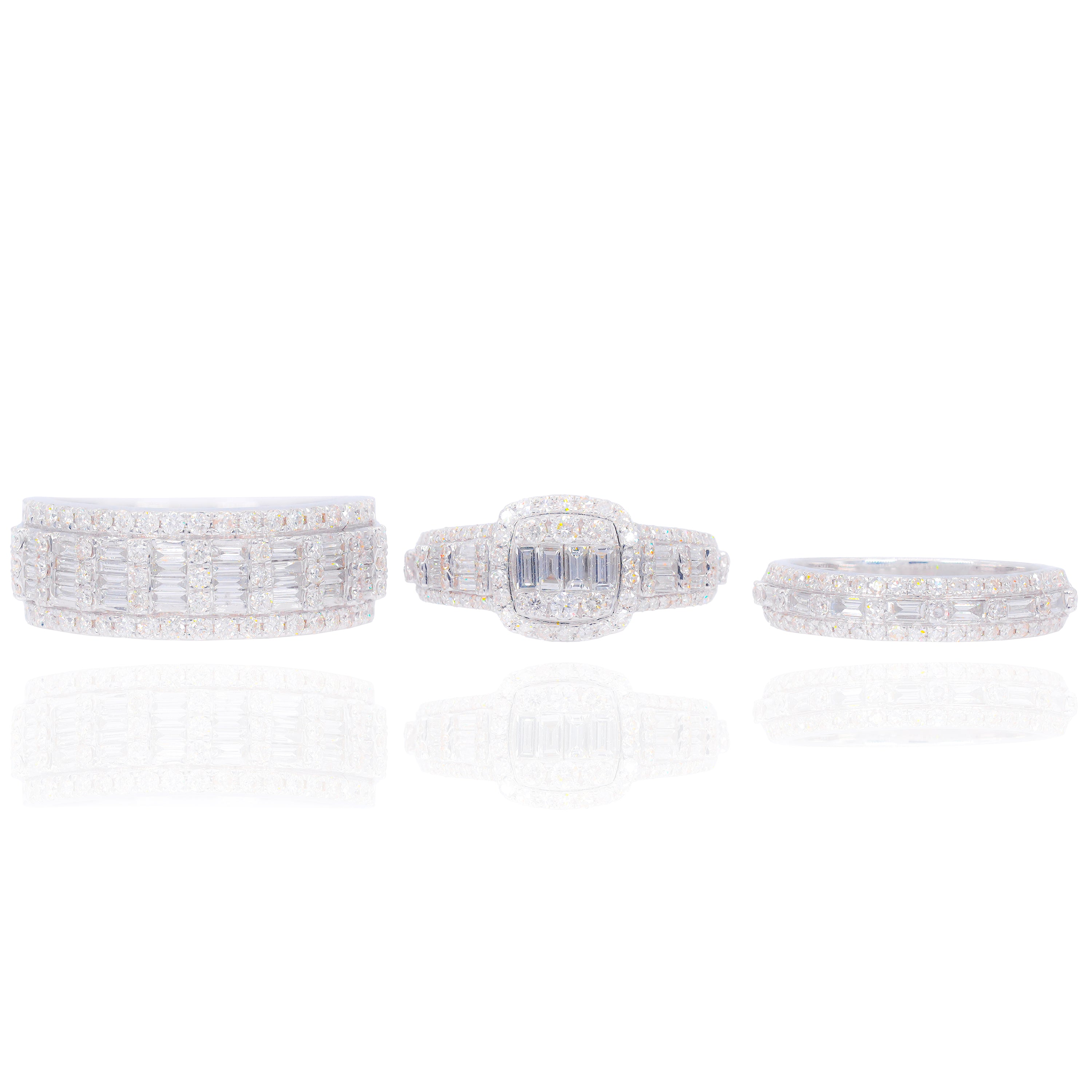 Baguette Diamond Engagement Ring & Band w/ Men's Wedding Band