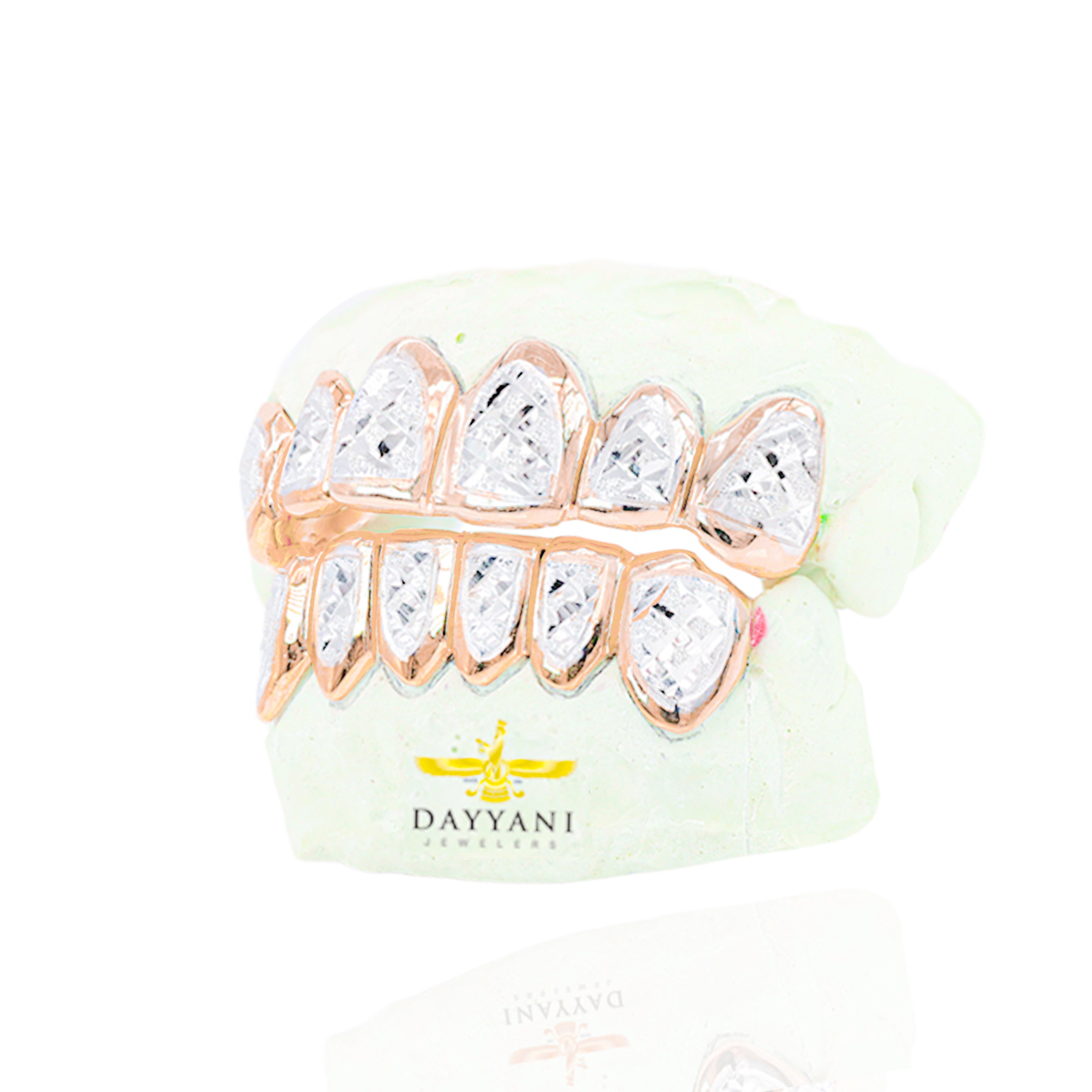 Custom Two-Tone Diamond Cut & Diamond Dust w/ Solid Trim Gold Grillz