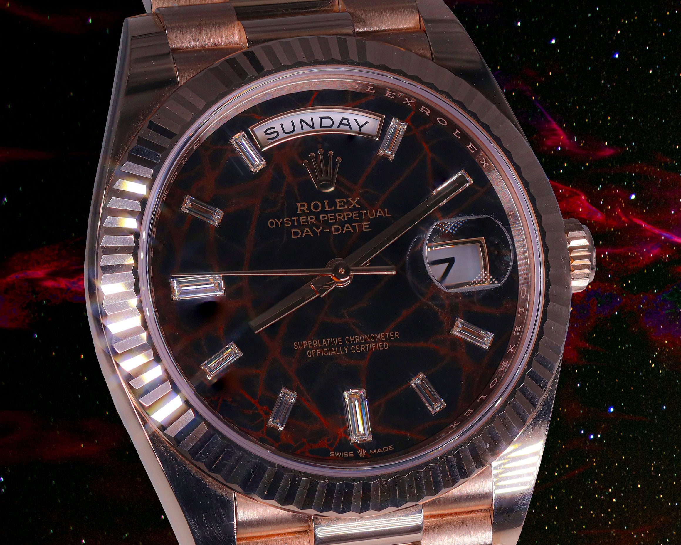 Rolex 228235 Day-Date 40mm Everose Gold Eisenkiesel Meteorite Baguette Diamond Dial