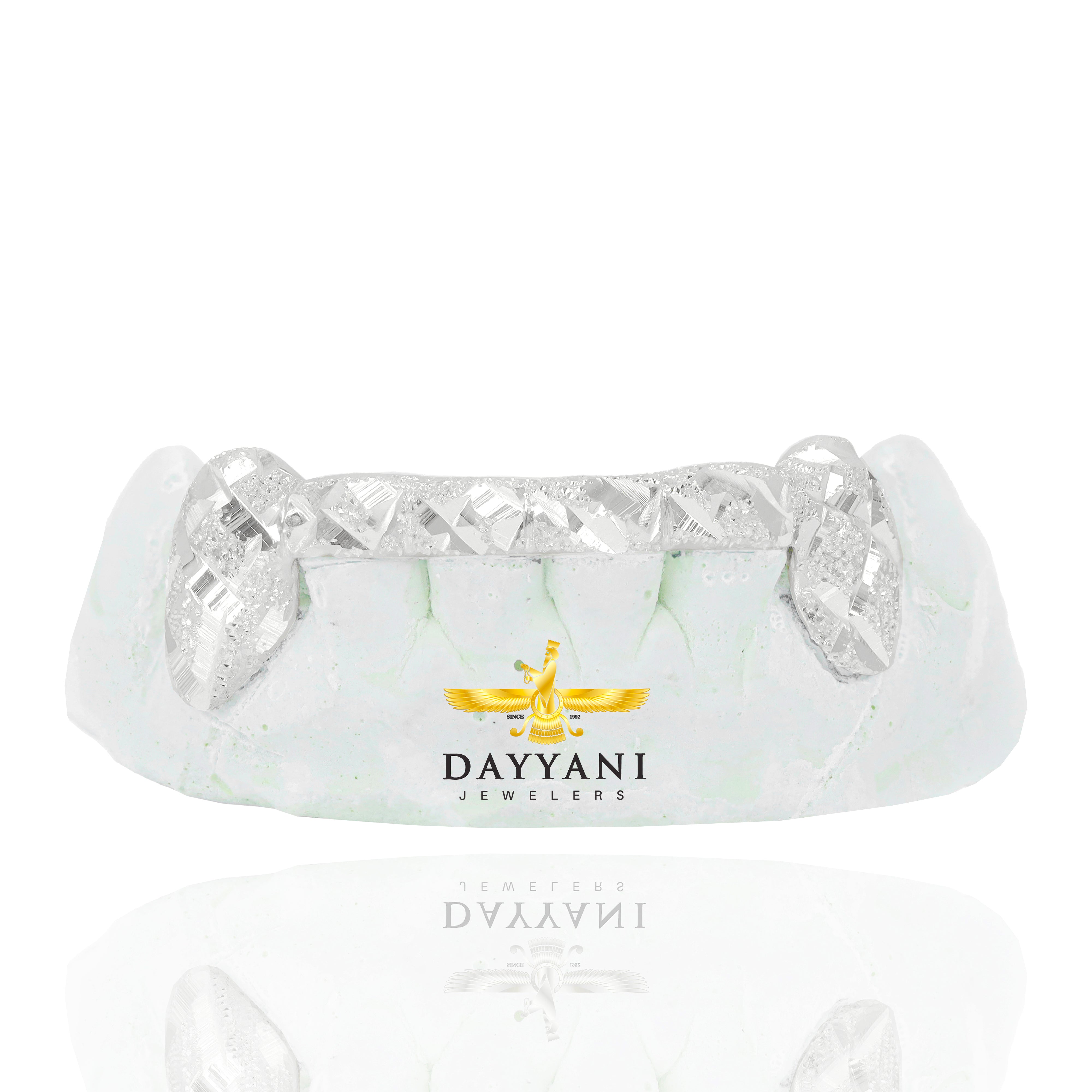 Custom 2 Teeth Diamond Cut and Diamond Dust Grillz with Front and Back Bar Gold Grillz