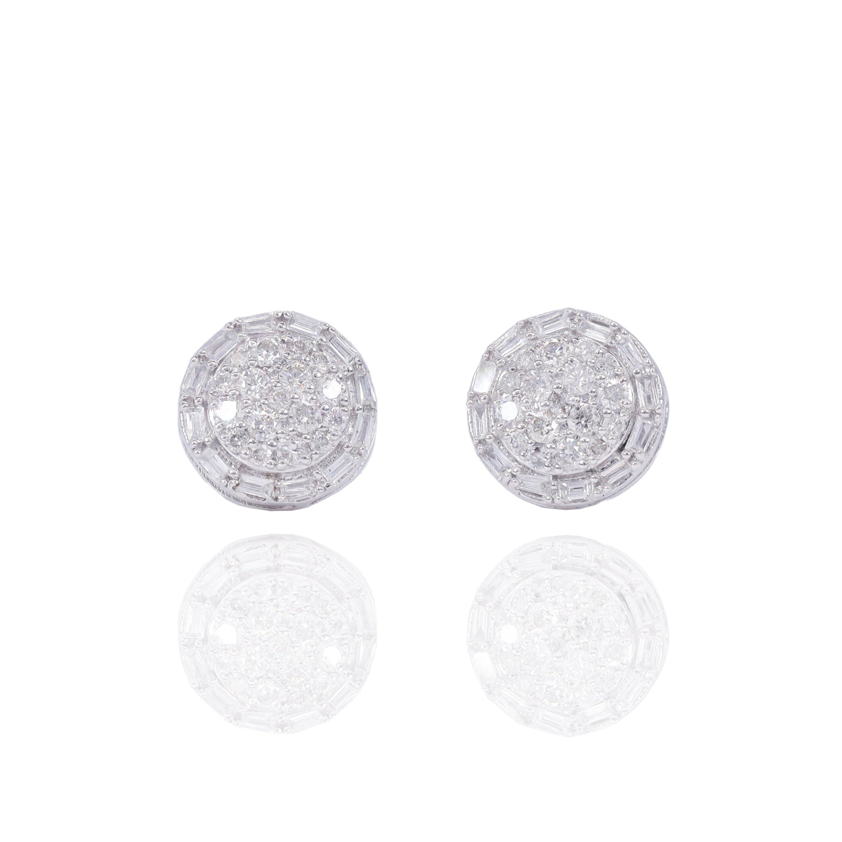 Round Style Diamond Earrings w/ Baguette Diamond Border
