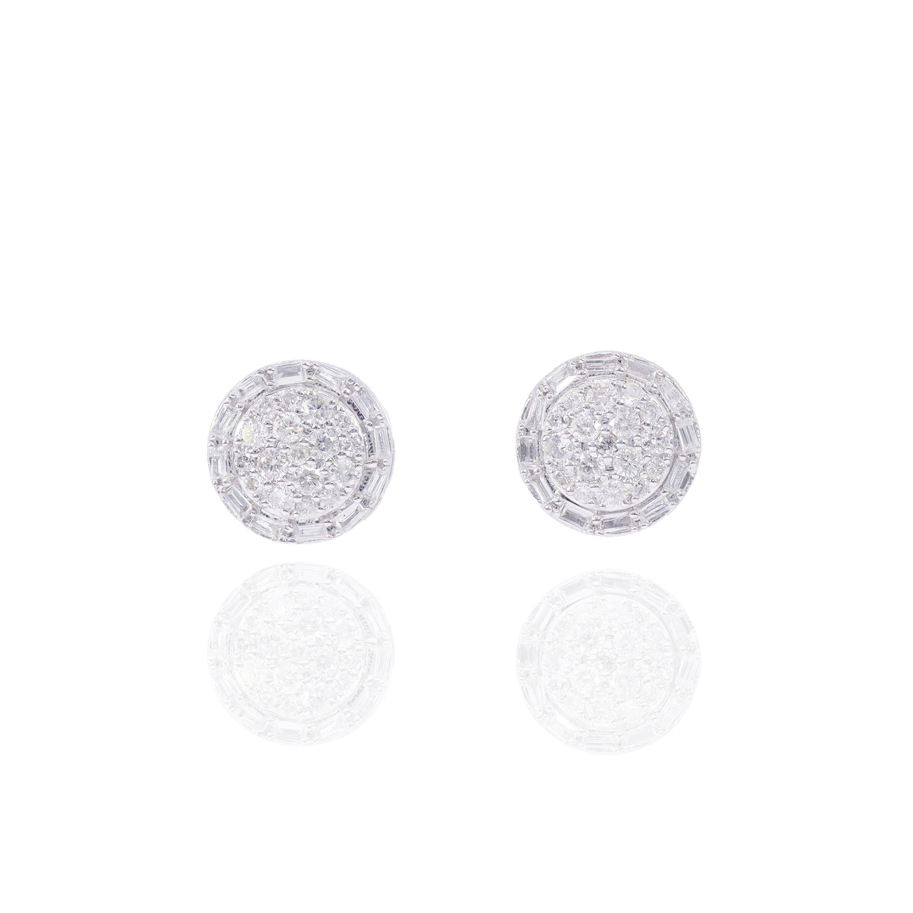 Round Style Diamond Earrings w/ Baguette Diamond Border