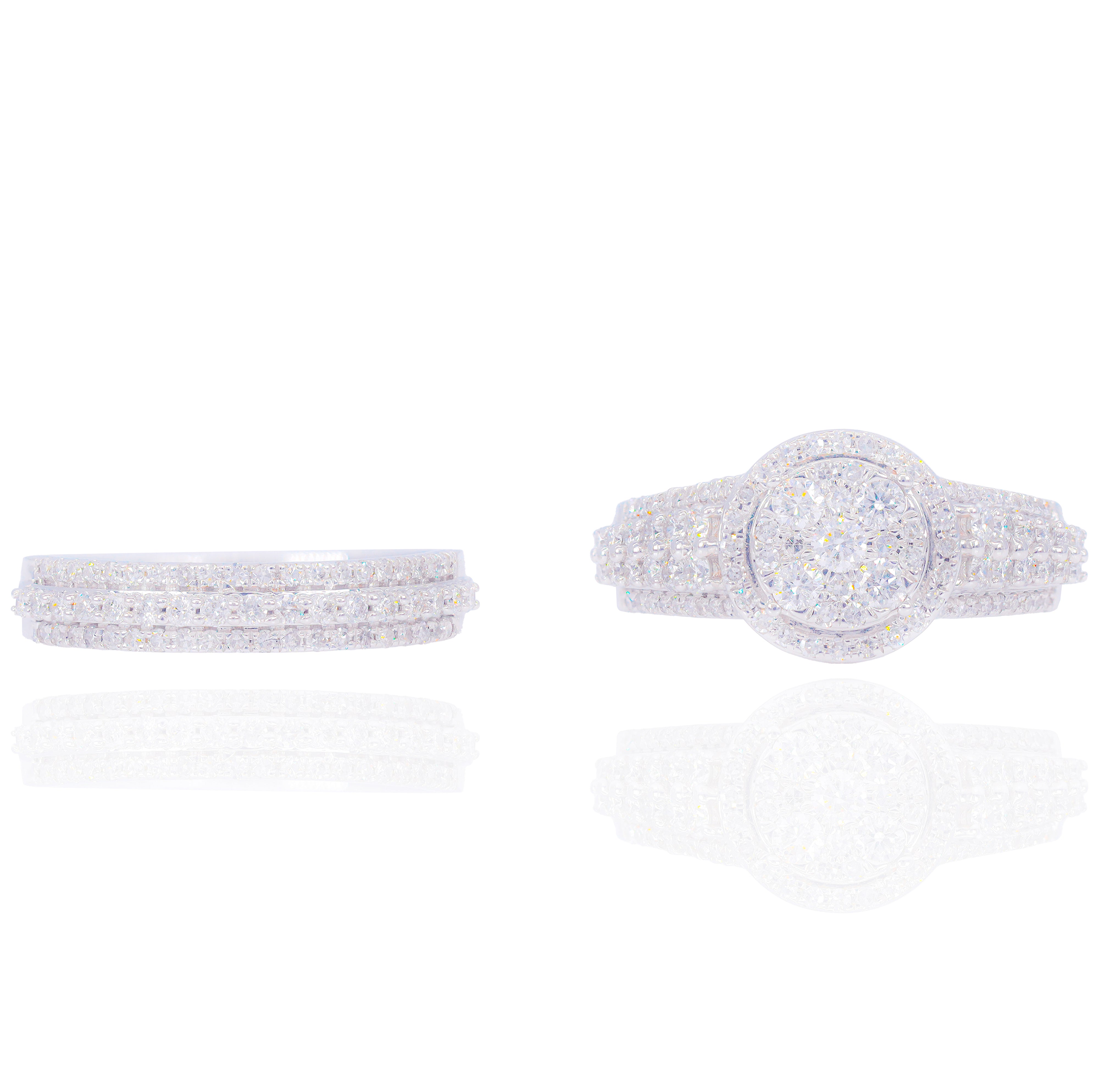 Round Diamond Engagement Ring with Halo & 3 Row Wedding Band