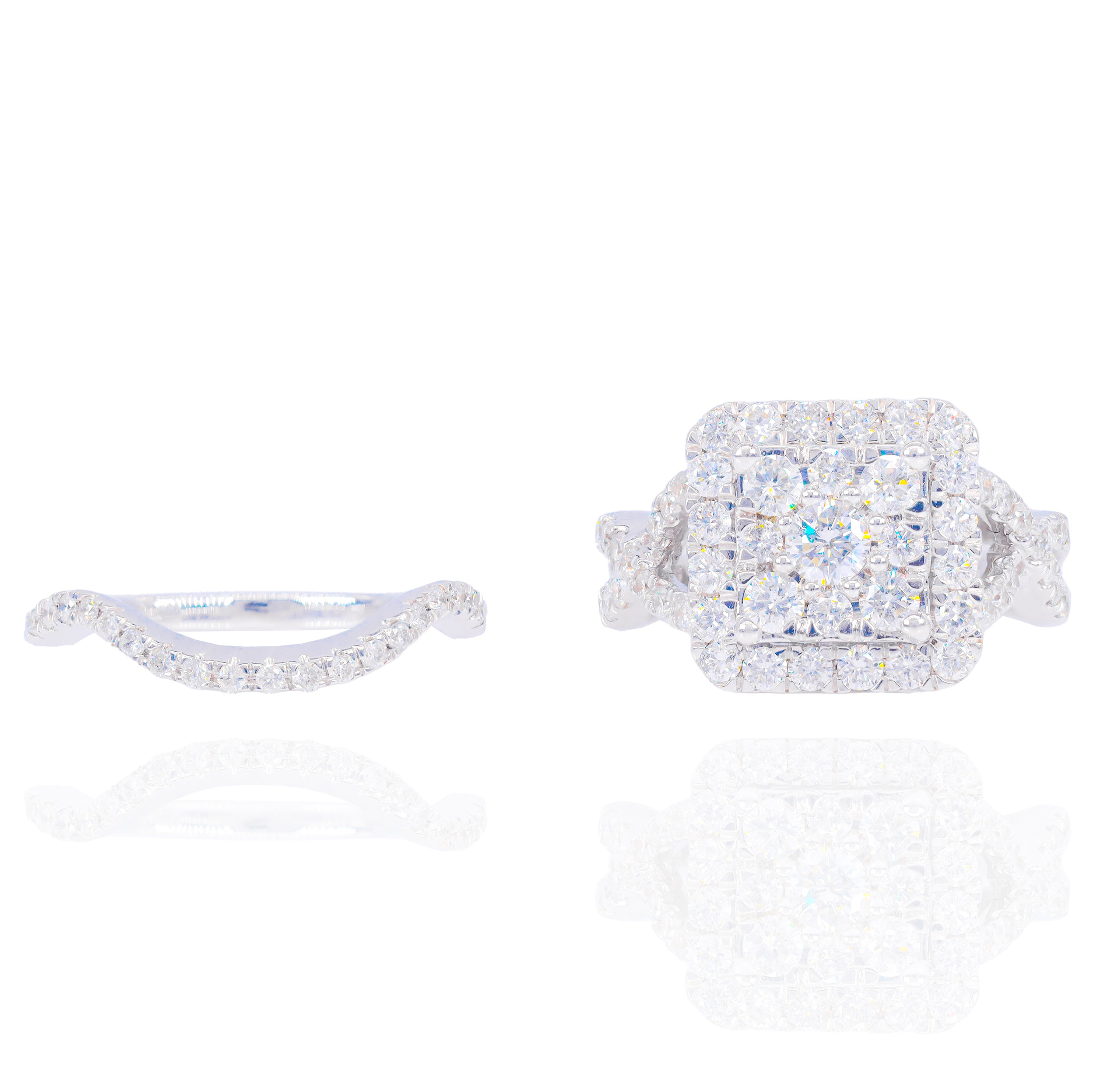 Princess Shape Round Diamond Engagement Ring with Halo & Band