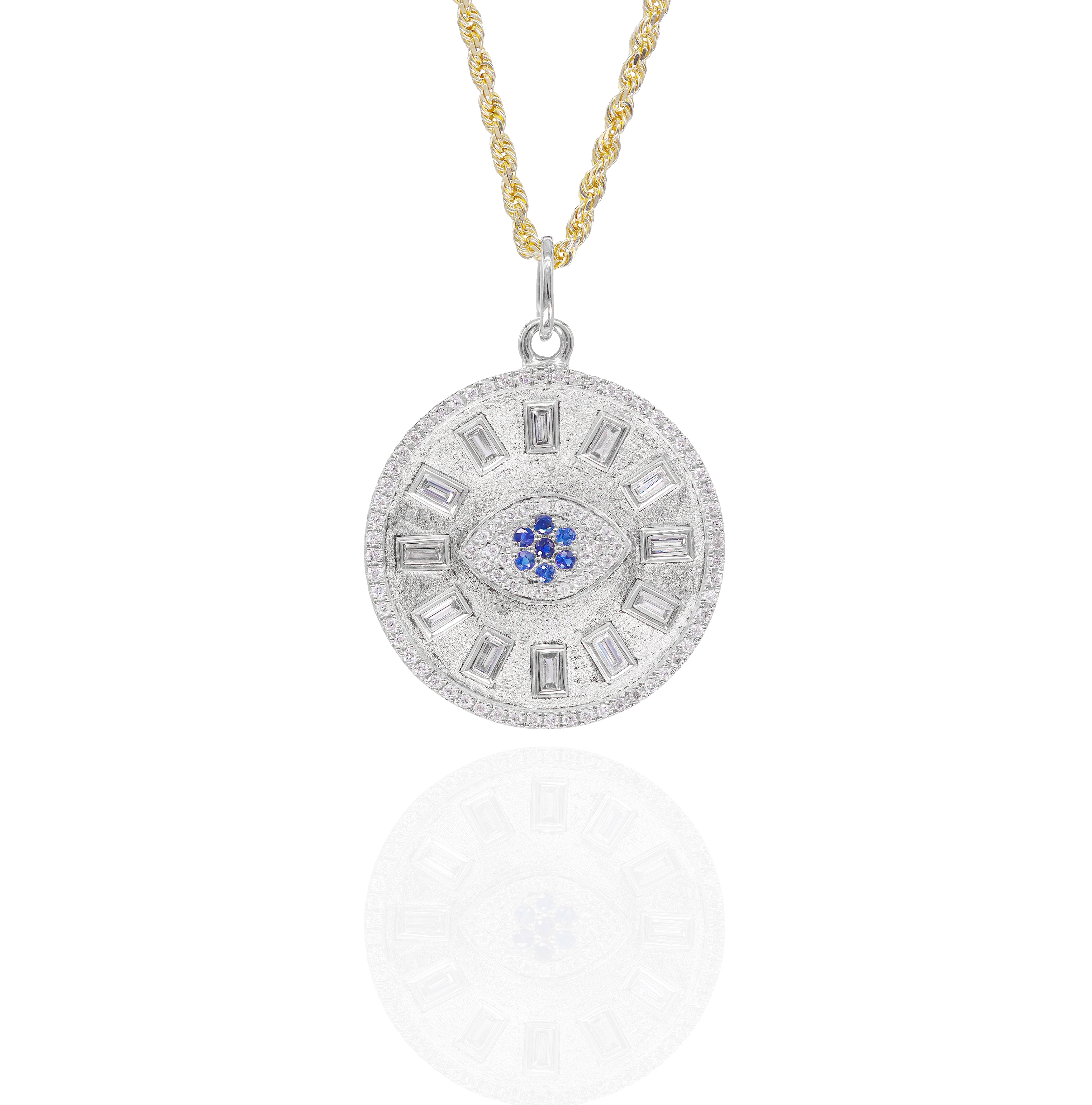 Evil Eye Medallion Diamond Pendant w/ Blue Sapphire Center