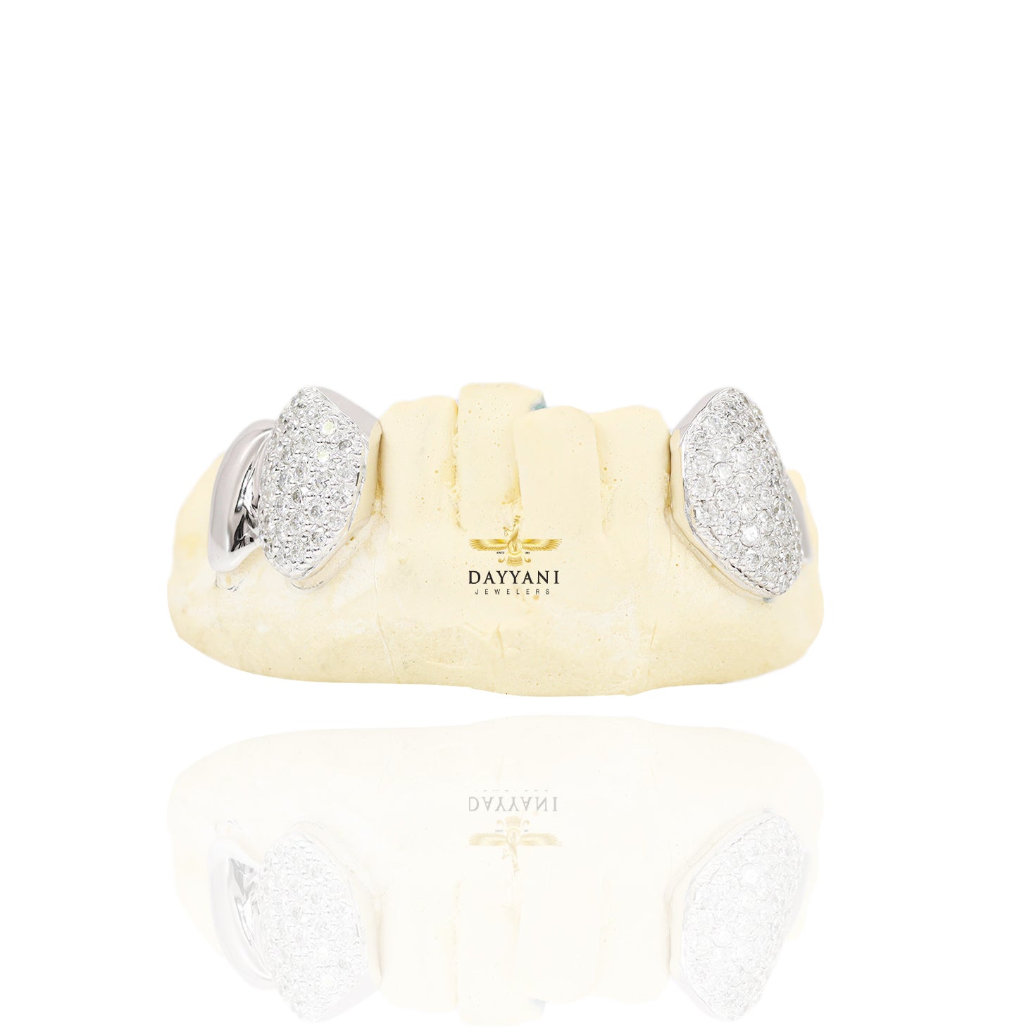 Custom 2 Teeth Diamond Grillz with Solid Ends Gold Grillz