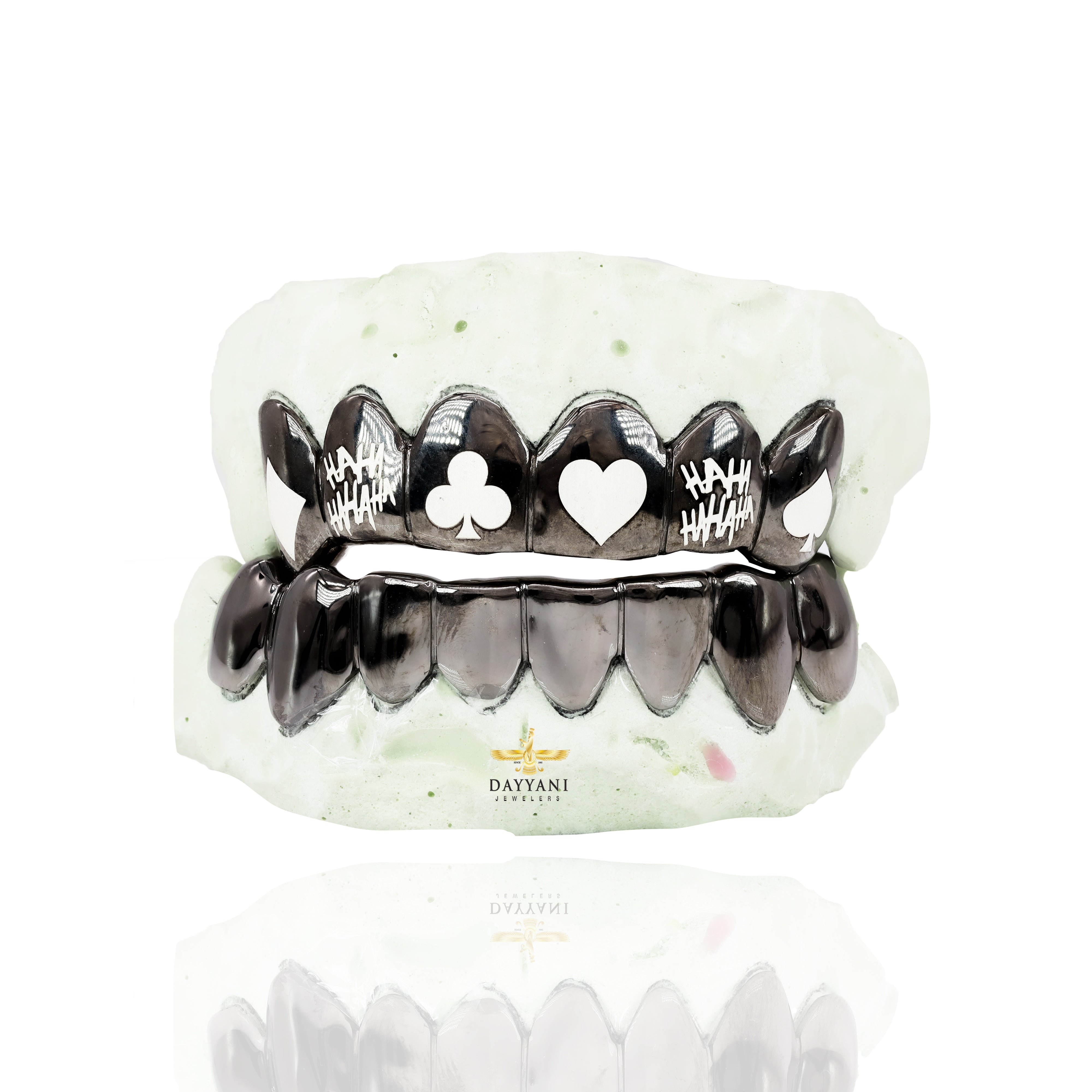 Custom 6 Teeth Joker Grill with Black Rhodium with Engravings Gold Grillz