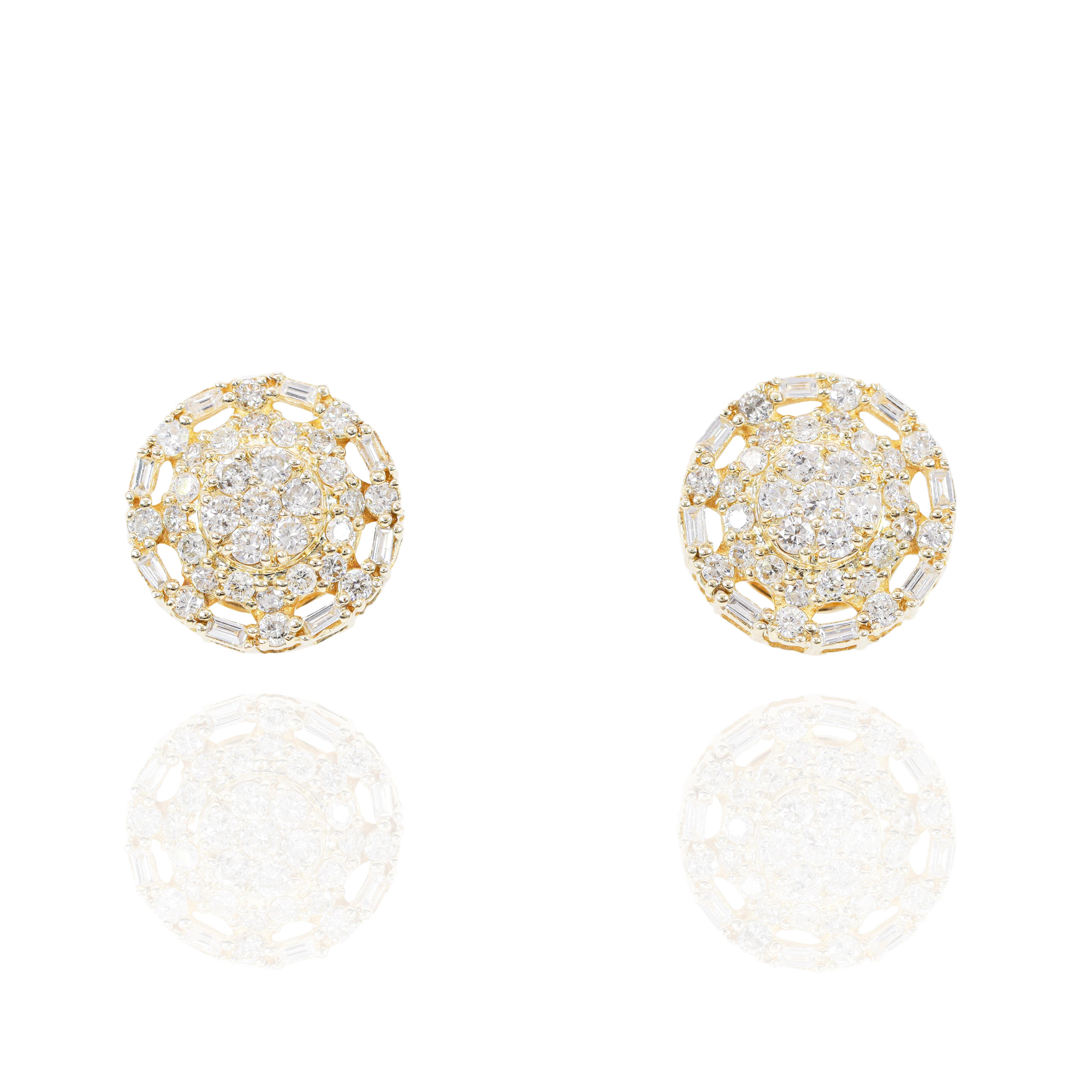 Round Cluster Diamond Earrings with Baguette Diamond Border