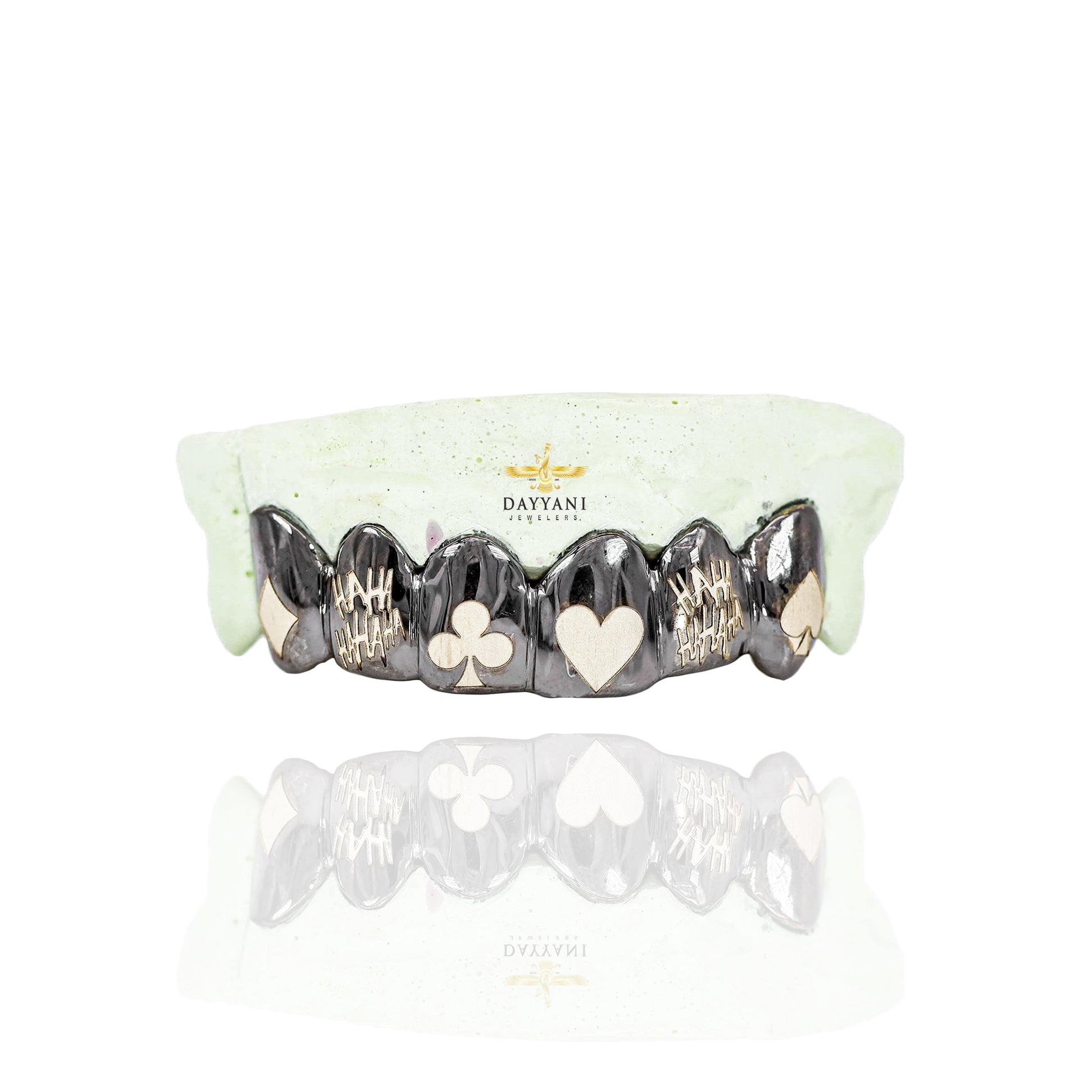Custom 6 Teeth Joker Grill with Black Rhodium with Engravings Gold Grillz