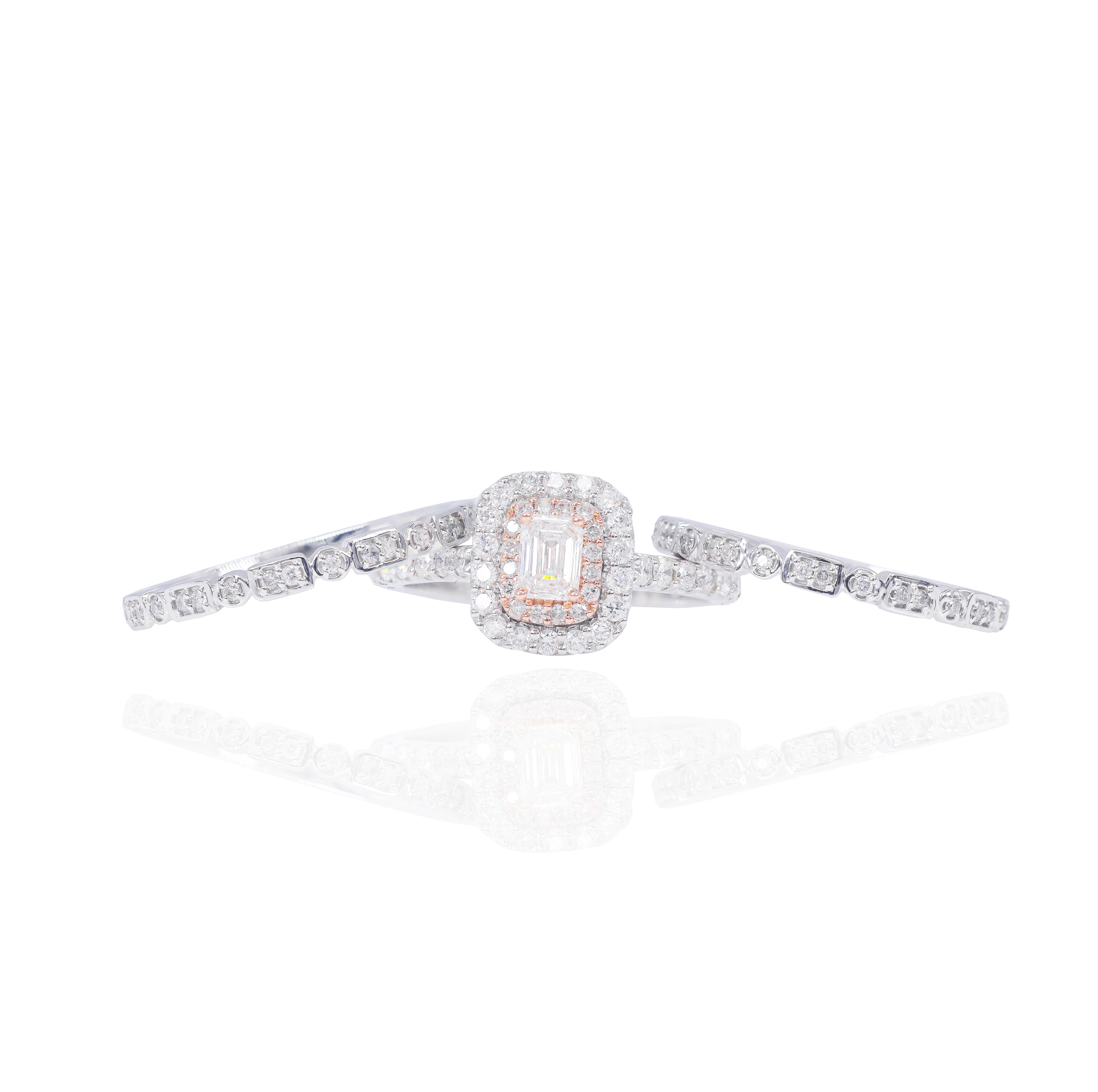 Emerald Cut Double Halo Diamond Engagement Ring & Double Band